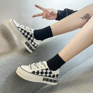 Mukeshhousehold Women Fashion Platform Checkerboard Canvas Sneakers