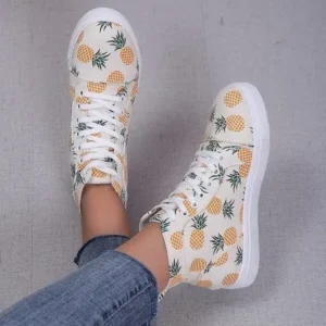 Mukeshhousehold Women Fashion Round Toe Lace-Up Pineapple Strawberry Flat Sneakers