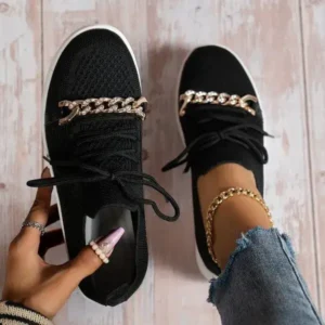 Mukeshhousehold Women Fashion Round Toe Rhinestone Metal Decoration Lace-Up Mesh Sneakers