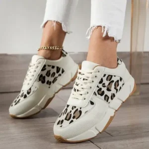 Mukeshhousehold Women Fashion Round Toe Stitching Lace Up Low Top Leopard Sports Sneakers